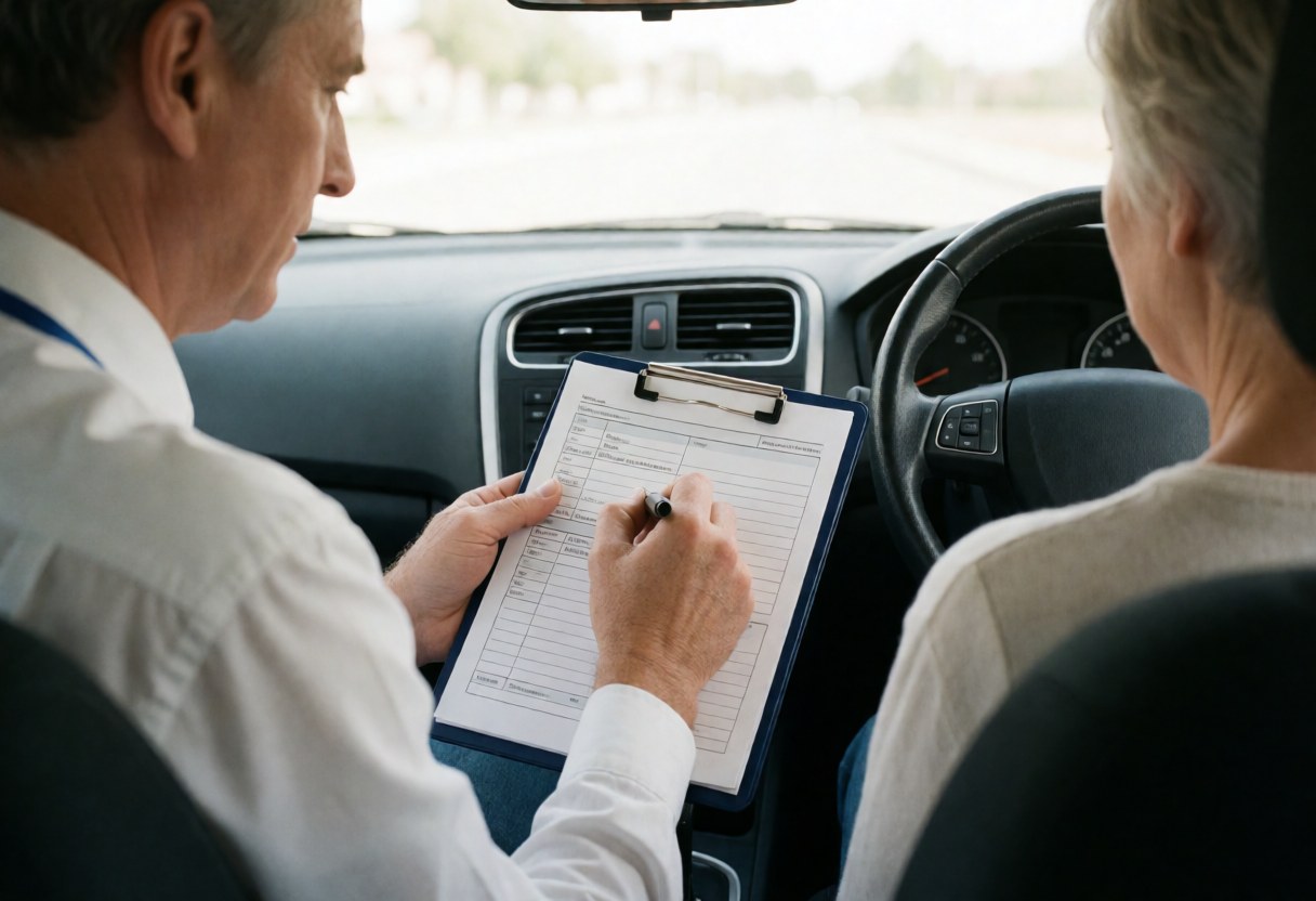 Back view of a driving examiner filling out paperwork inside a vehicle during the day, showing a professional and realistic service in action scene