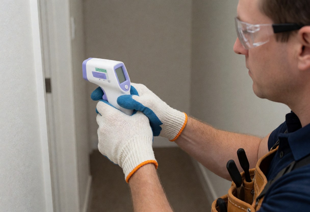 HVAC technician in safety gear using an infrared thermometer to check airflow in an indoor hallway, focusing on the device and hands.