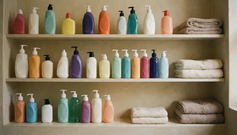 Wooden shelves stocked with dog care bottles and folded towels, providing a soft, neutral background for text in a dog grooming salon.
