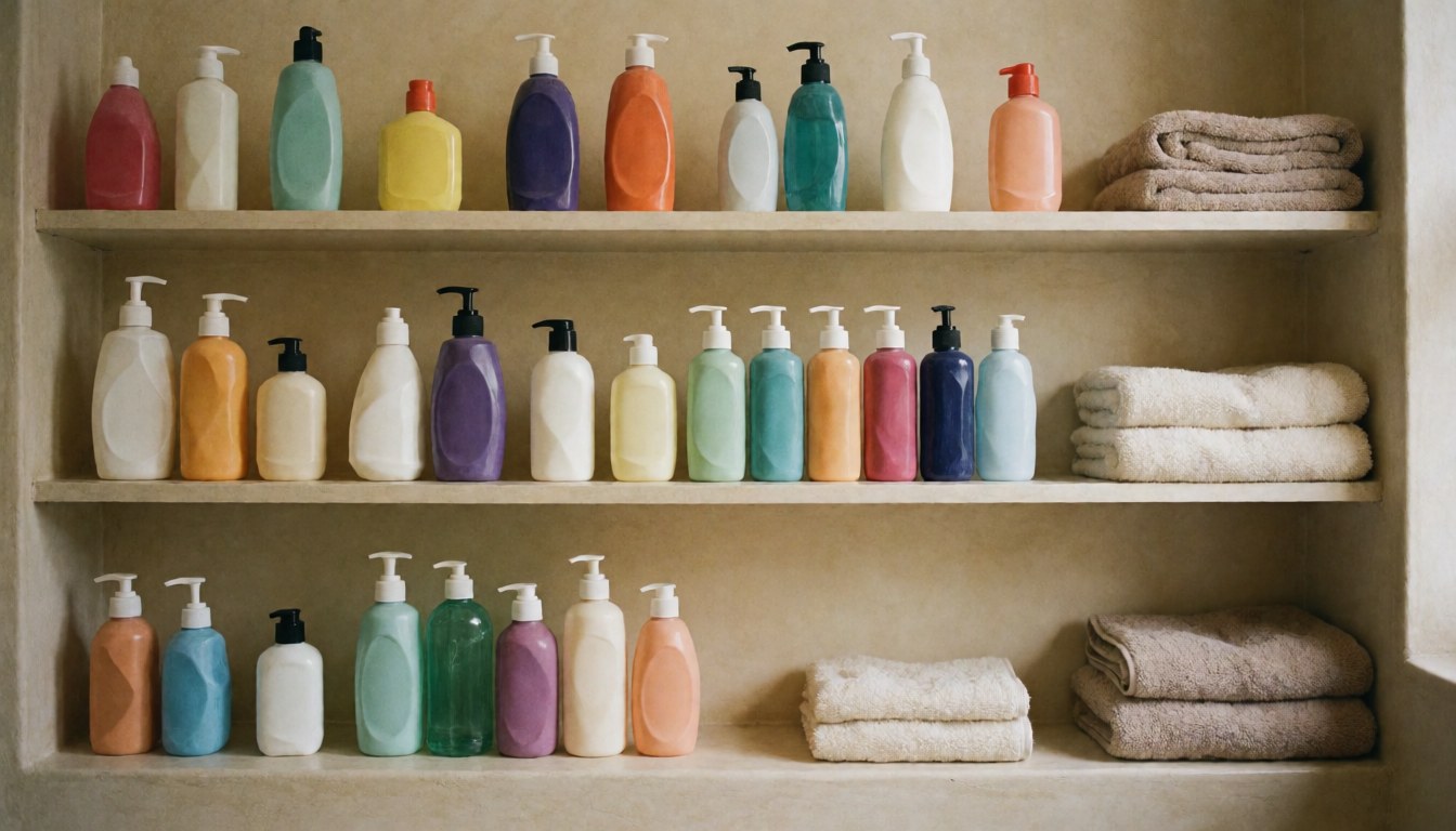 Wooden shelves stocked with dog care bottles and folded towels, providing a soft, neutral background for text in a dog grooming salon.