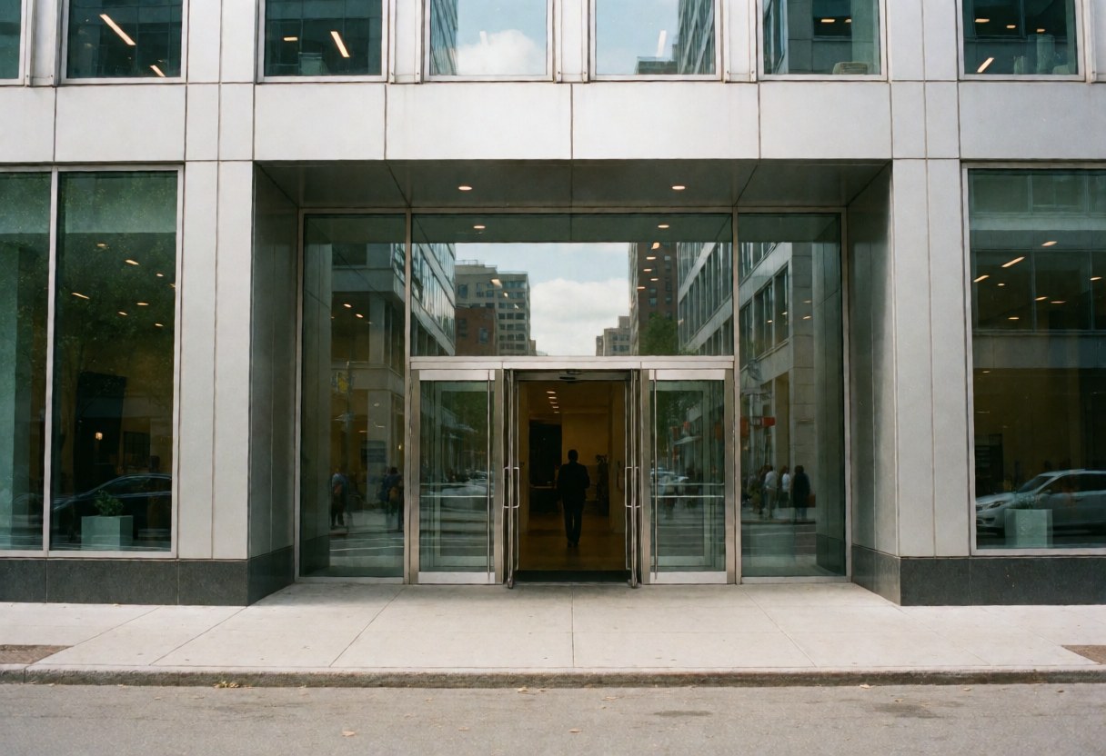 Modern corporate building entrance featuring glass doors, city reflections, and a person entering. Clean professional architecture suitable for business and agreements.