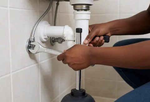 Professional plumber using wrench and plumber's putty to repair pipe under sink with tiled walls, realistic plumbing service action at home.