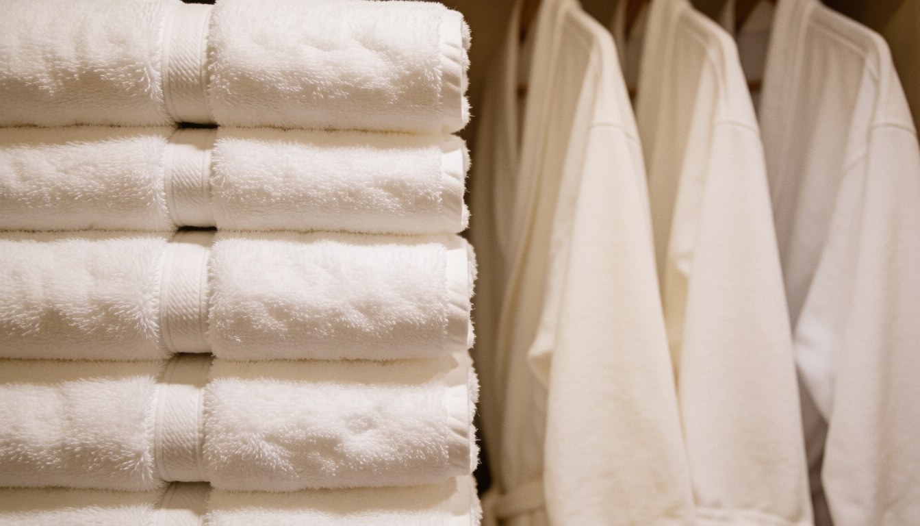 Neatly folded white towels and hanging white robes on a rack, creating a clean and relaxing texture for spa and massage business backgrounds