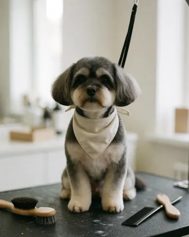 A happy small dog with a bandana sitting on a grooming table after a bath, looking well-groomed and adorable.