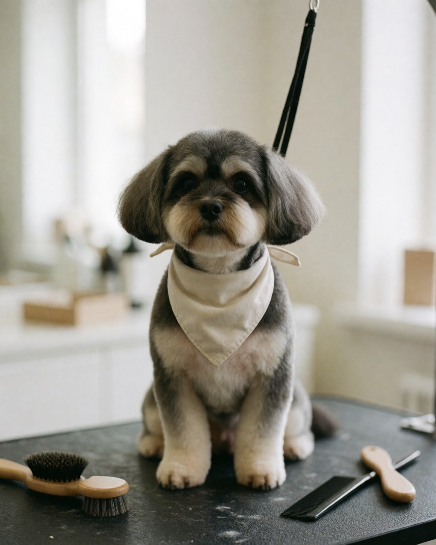 A happy small dog with a bandana sitting on a grooming table after a bath, looking well-groomed and adorable.