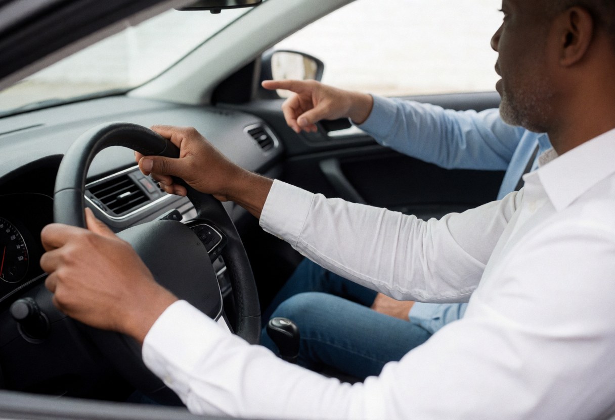 Interior view of a car showing a driving instructor pointing ahead while a student keeps hands on the steering wheel during a daytime lesson