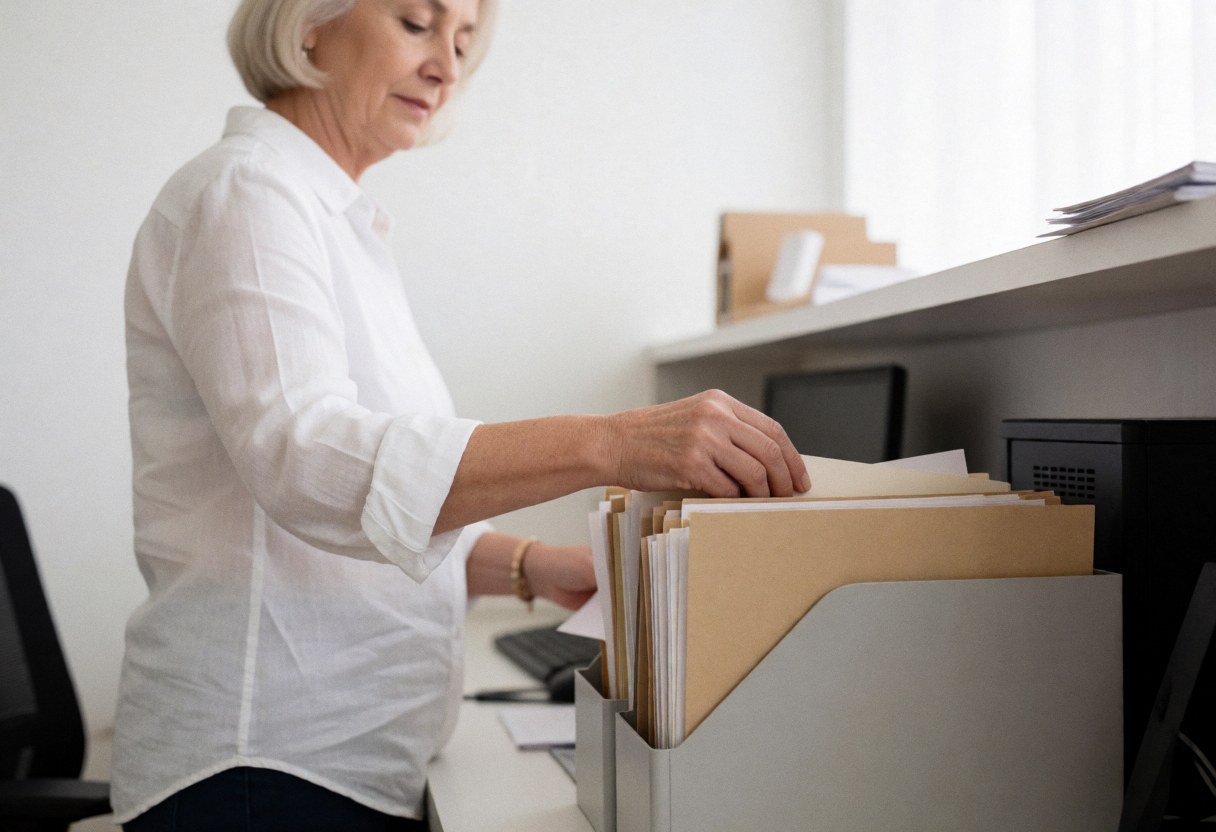 A professional receptionist standing at a desk organizing folders and documents in a bright office environment