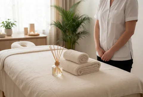 A clean and relaxing massage room featuring beds, towels, a diffuser, and plants. A professional stands nearby in a calm atmosphere.
