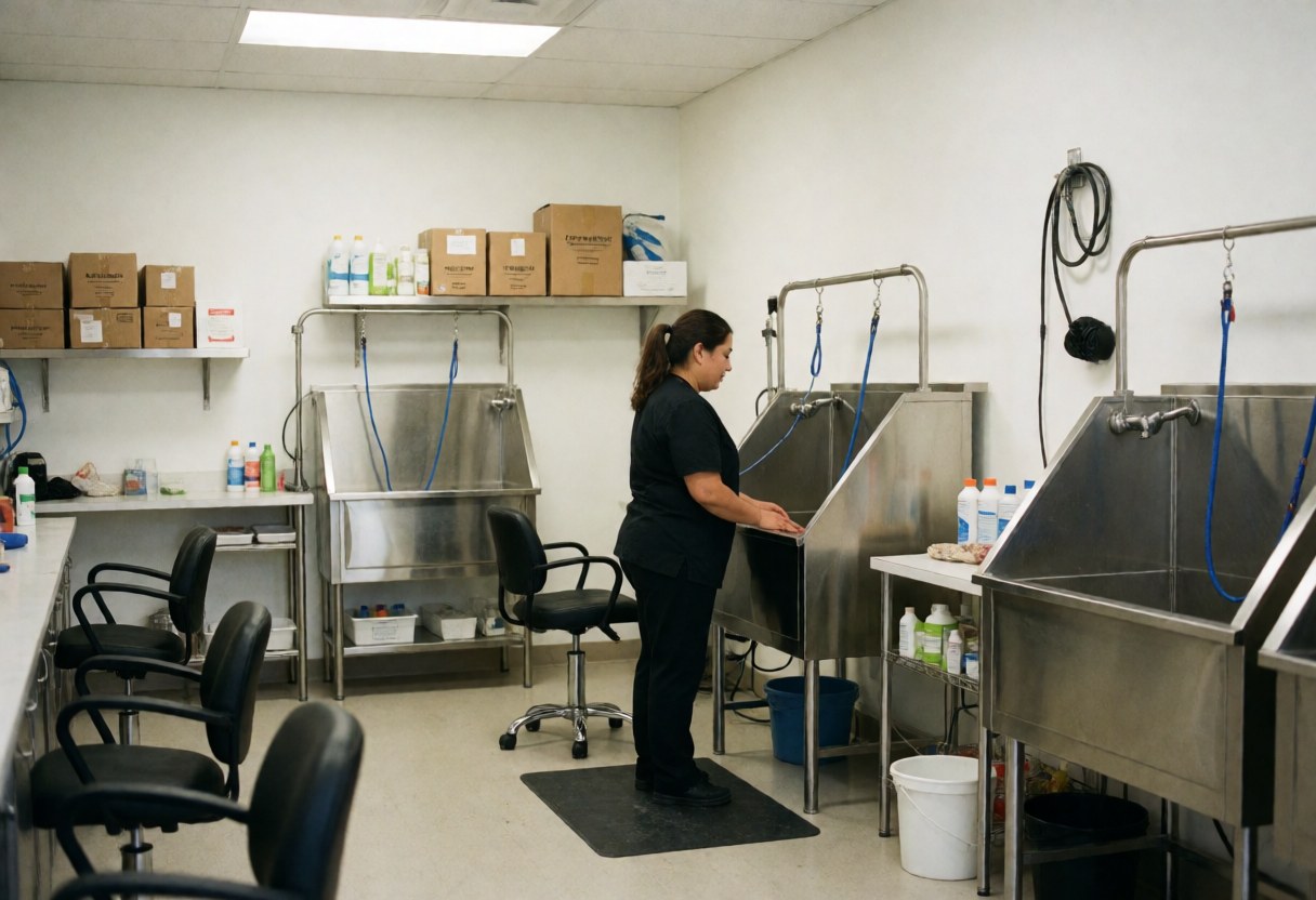 Interior of a clean dog grooming salon featuring stainless steel tubs, black chairs, and grooming products ready for use