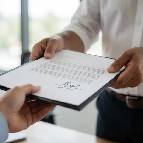 Two people in an office shaking hands while exchanging a signed document, symbolizing a successful business agreement and professional partnership.