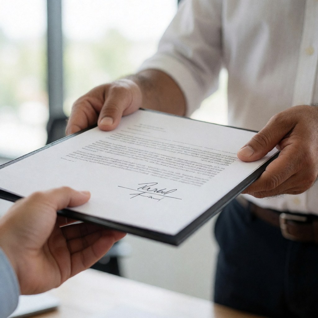 Two people in an office shaking hands while exchanging a signed document, symbolizing a successful business agreement and professional partnership.