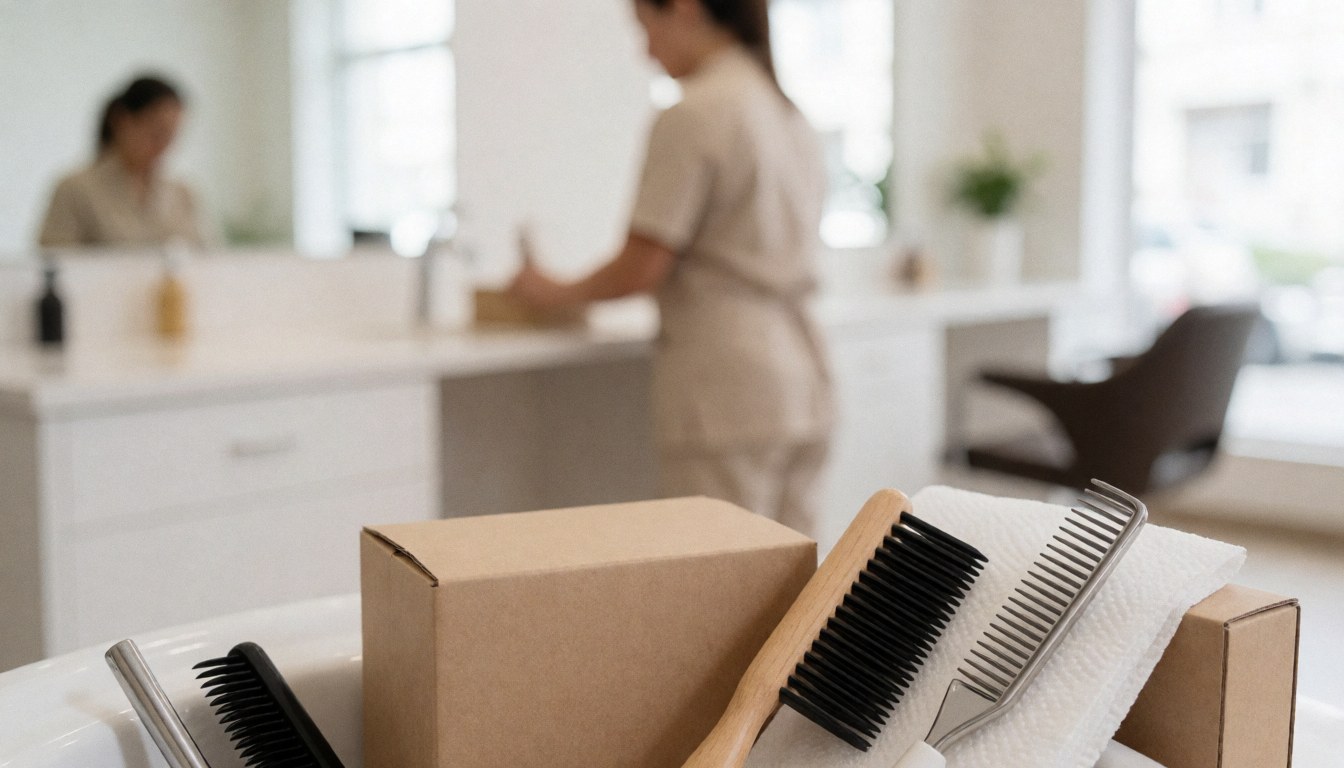 Professional dog grooming tools like brushes on a white background with a groomer working in the distance, ideal for pet care service ads.