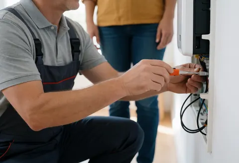A professional technician in uniform inspects an air conditioning unit in a modern home office setting, ensuring proper installation and functionality for the client.