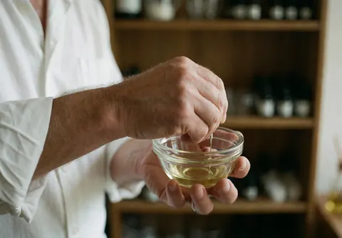 A professional person blends essential oils in a glass container on a wooden shelf in a bright, natural setting suitable for spa and massage services.