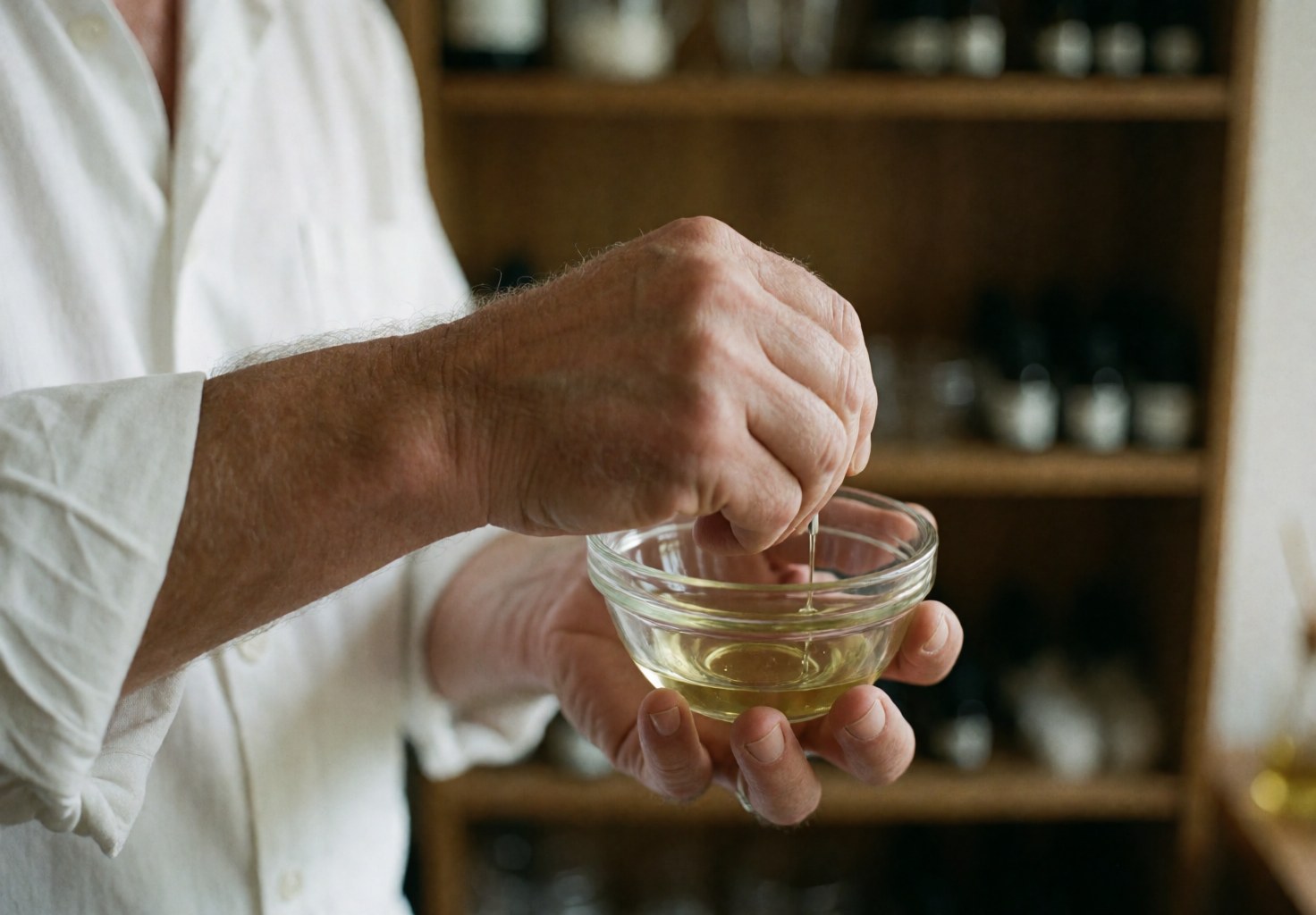 A professional person blends essential oils in a glass container on a wooden shelf in a bright, natural setting suitable for spa and massage services.