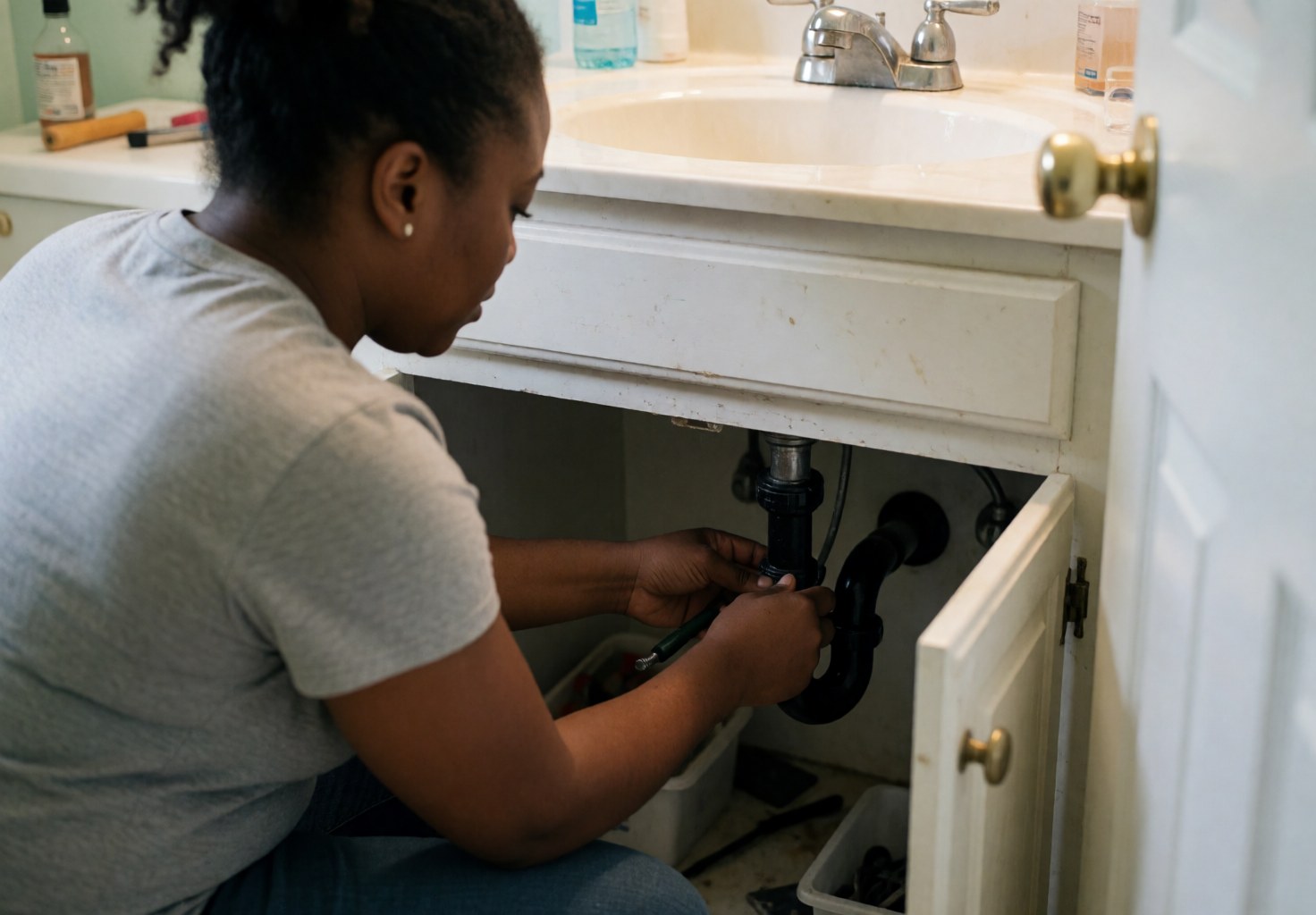 A female plumber working on a pipe under a sink with tools and natural light in a bathroom setting