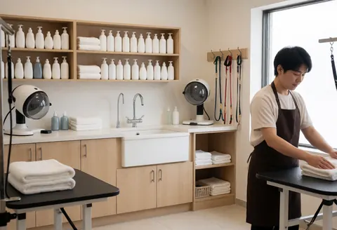 Dog groomer working in a clean salon with dryers, towels, products, and wooden furniture visible