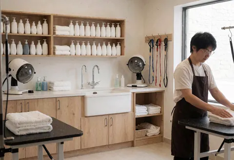 Dog groomer working in a clean salon with dryers, towels, products, and wooden furniture visible
