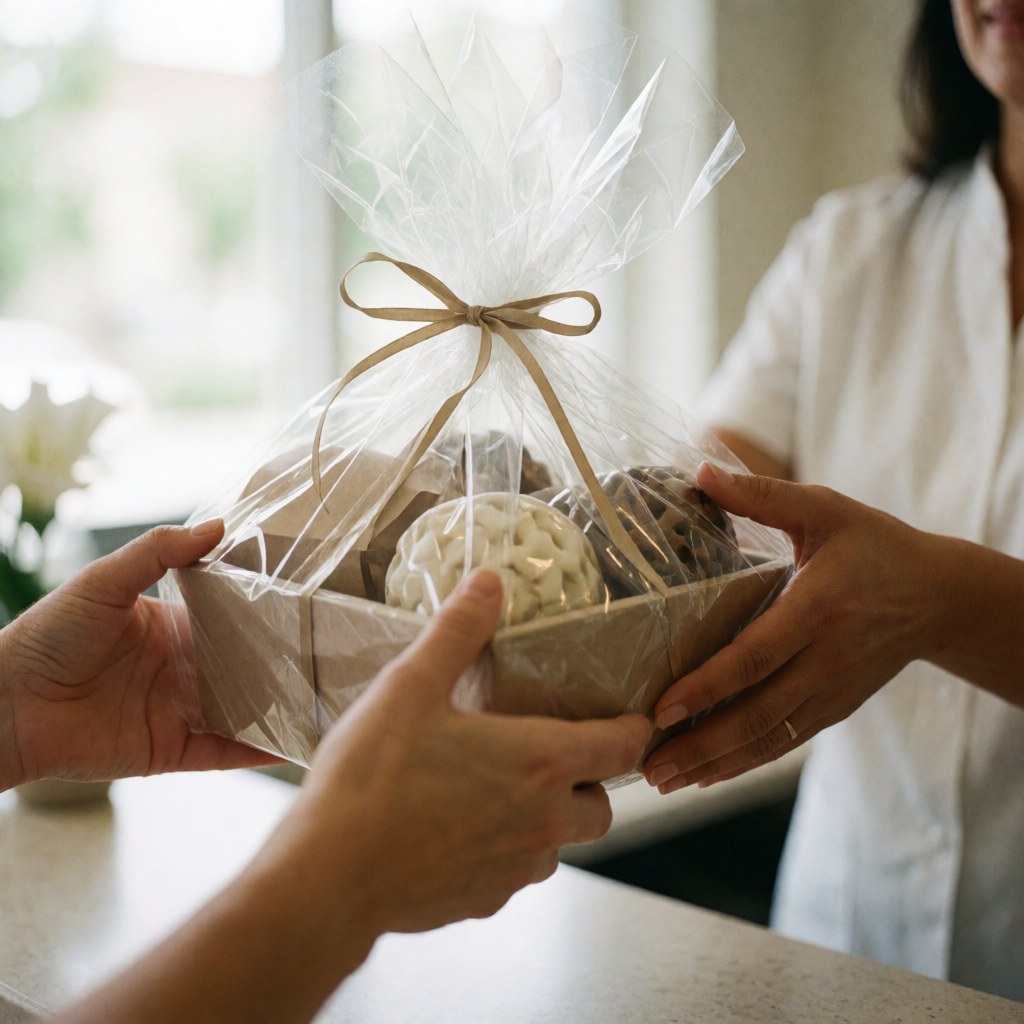 A receptionist hands a wrapped spa gift basket to a client at the front desk, symbolizing wellness and personalized service.