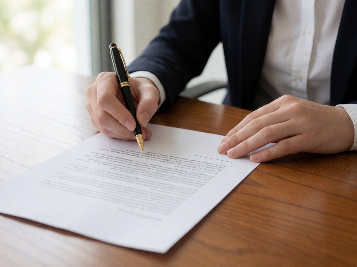 Close-up of professional hands signing a contract on a wooden office desk with natural light, symbolizing sales and business agreements.