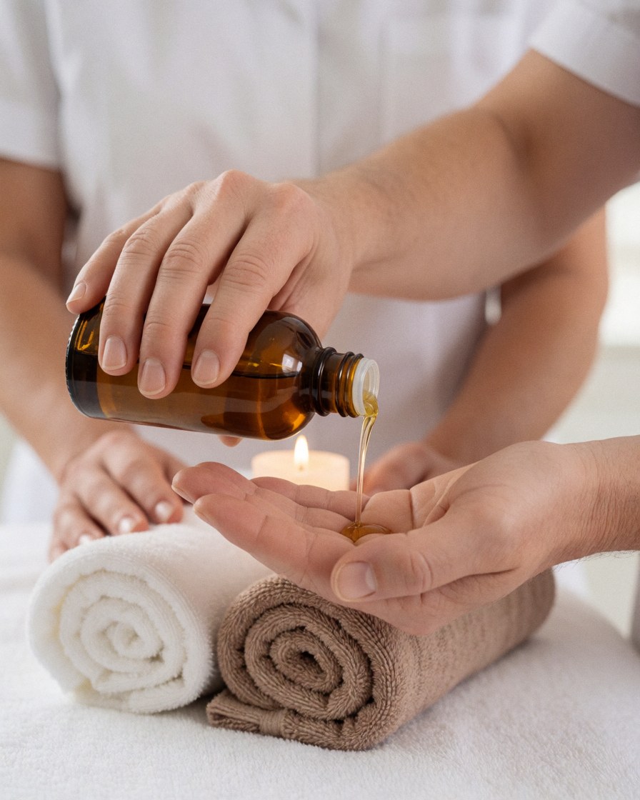 Close-up of hands with massage oil, towels, and a candle in a relaxing spa setting