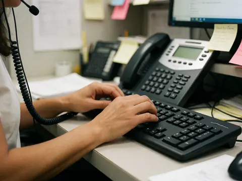 Close-up of hands typing on a keyboard and using a phone at a modern office desk with notes and a monitor, illustrating customer service support.