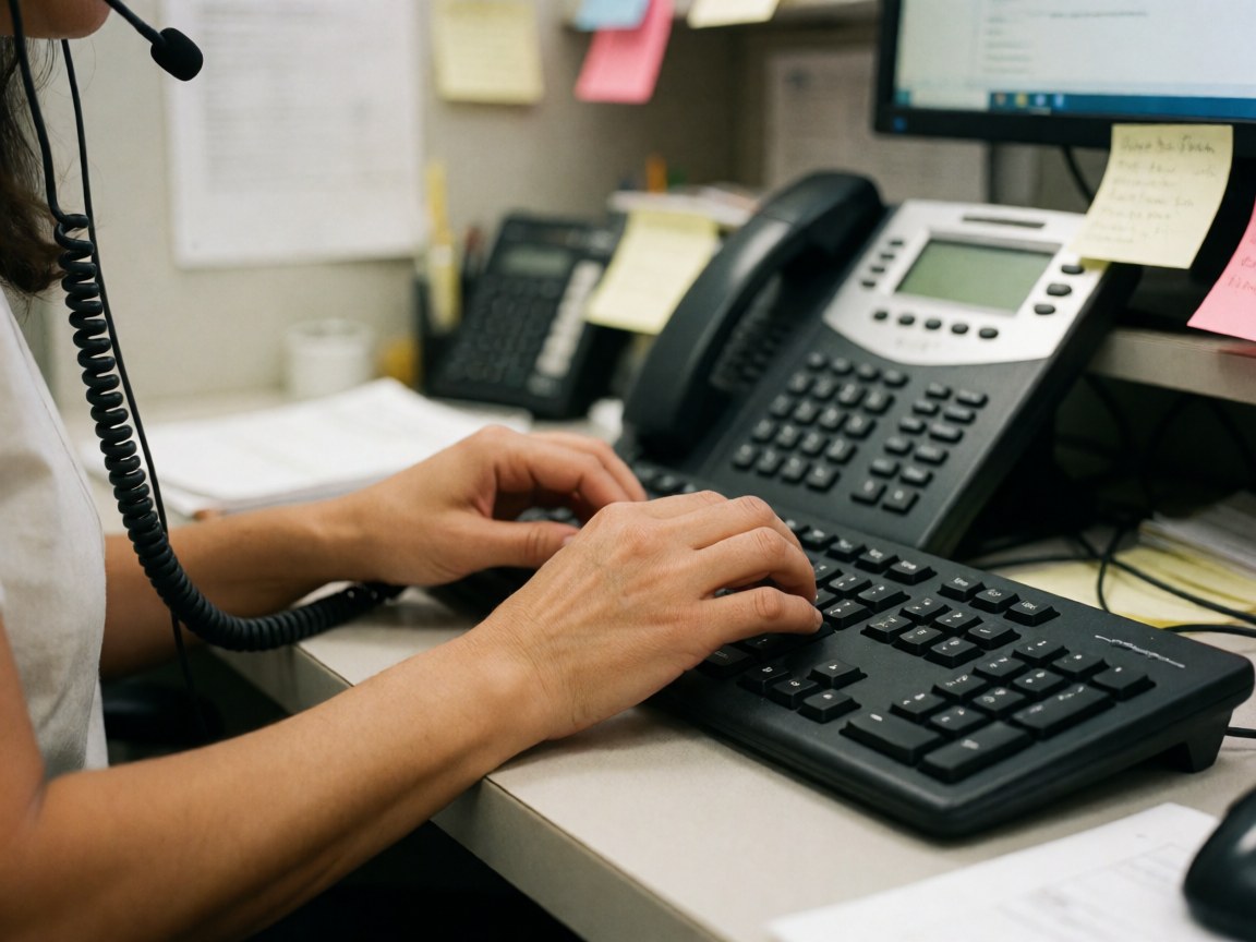 Close-up of hands typing on a keyboard and using a phone at a modern office desk with notes and a monitor, illustrating customer service support.