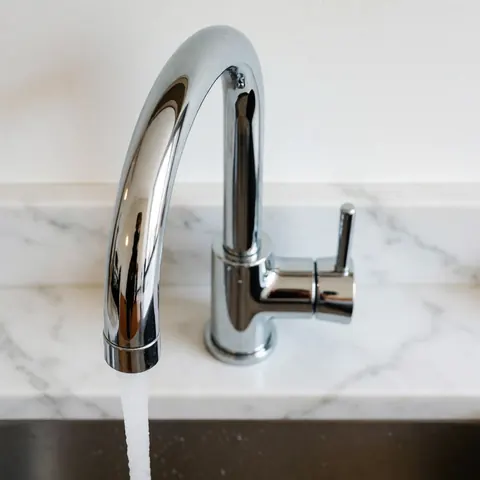 Close-up of a clean, modern chrome faucet installed on a white marble kitchen countertop with water flowing, showcasing plumbing product quality.