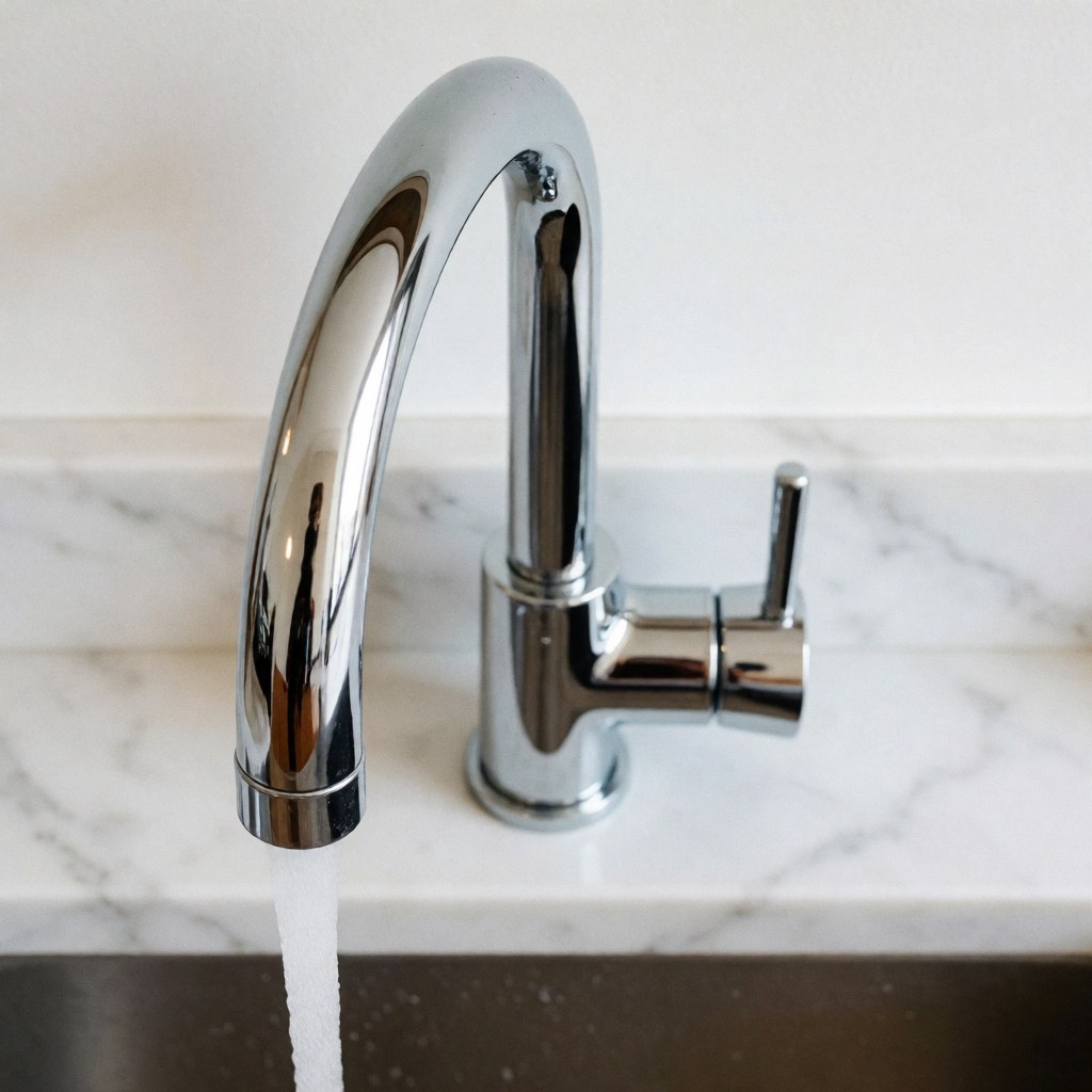 Close-up of a clean, modern chrome faucet installed on a white marble kitchen countertop with water flowing, showcasing plumbing product quality.
