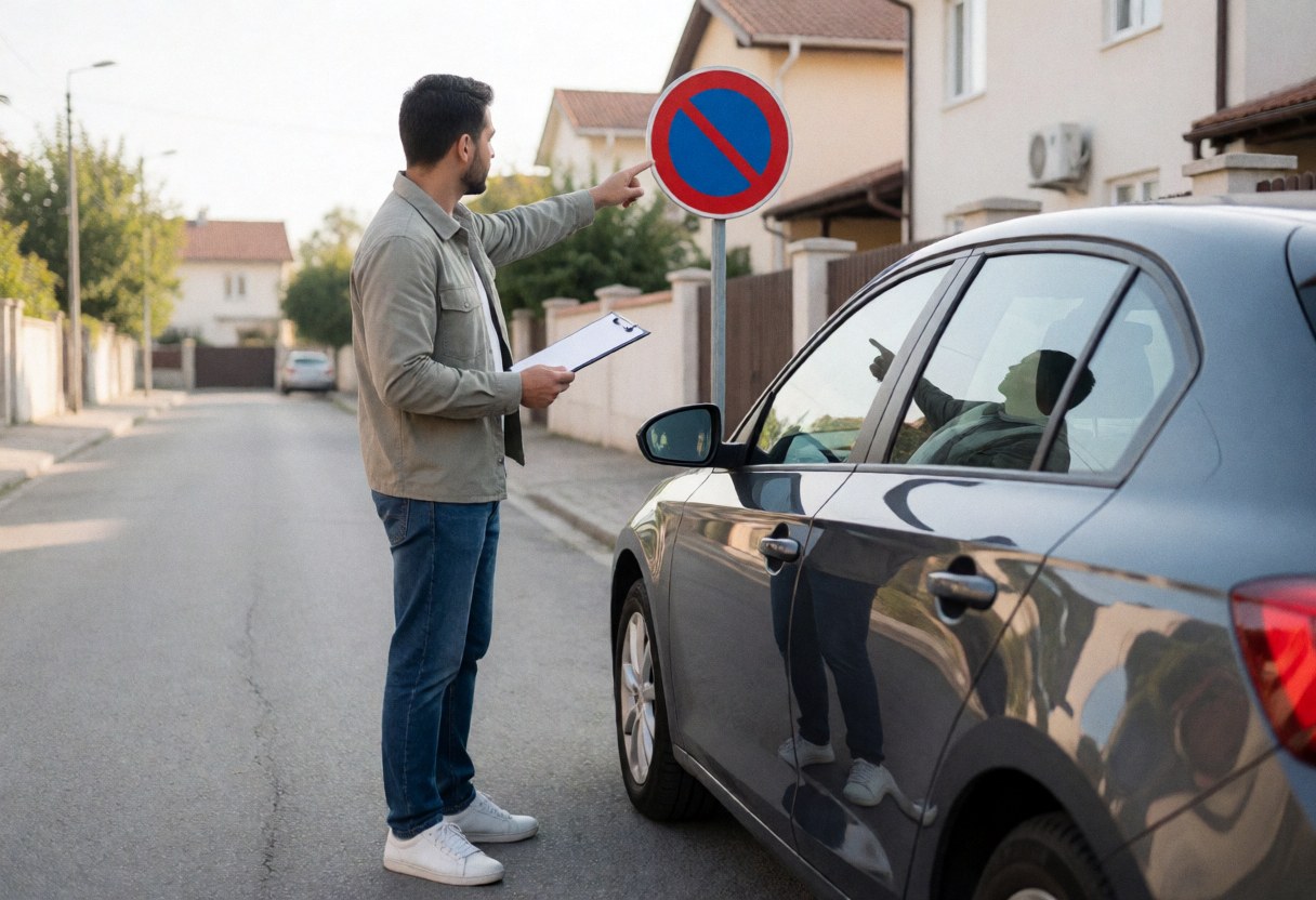 Driving school instructor teaching a student driver traffic rules inside a parked car on a residential street with visible traffic signs