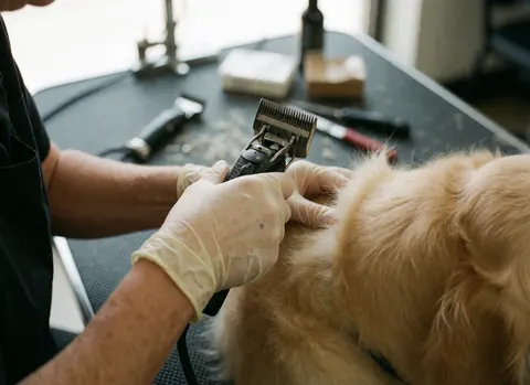 Close-up of a professional groomer wearing gloves and using scissors to trim a dog's fur on a work table in a grooming salon