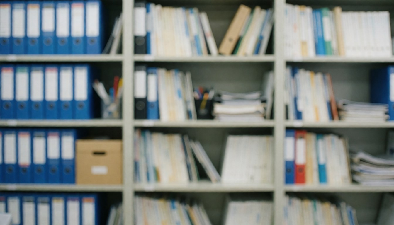 Background of office shelves holding blue folders and documents in blue and beige tones, suitable for professional text and presentations