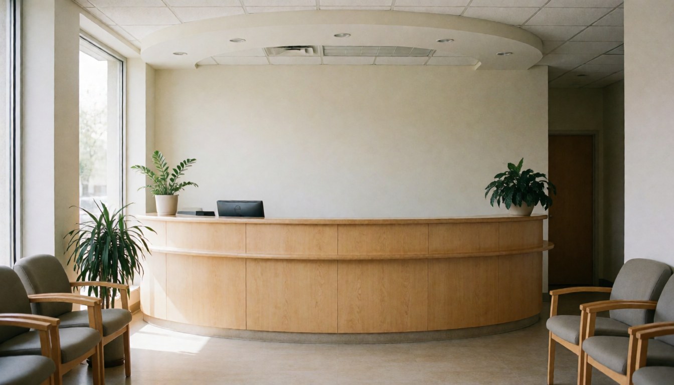 A clean and professional modern reception desk in a bright lobby with natural light, wooden furniture, plants, and white walls