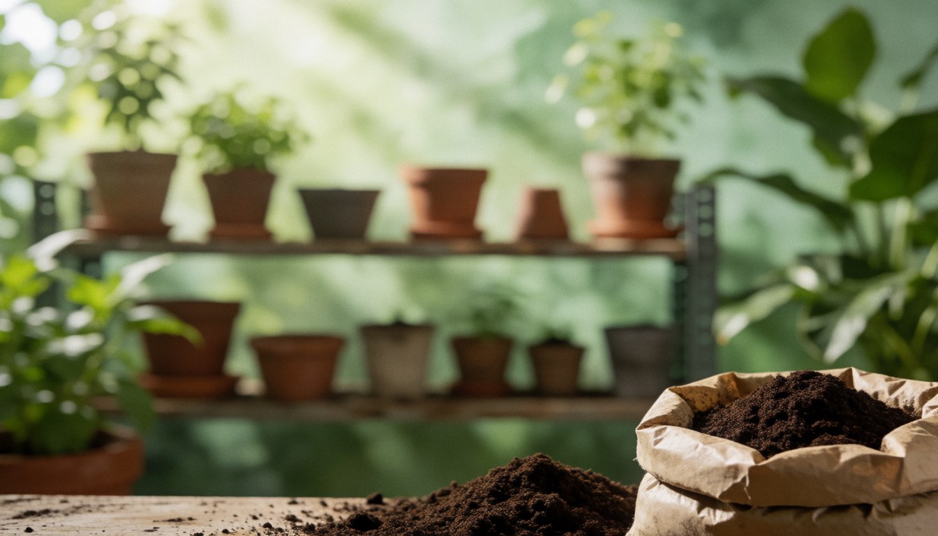 Ceramic pots, bags of soil, and green plants arranged on a wooden surface, providing a calm texture ideal for professional text backgrounds.