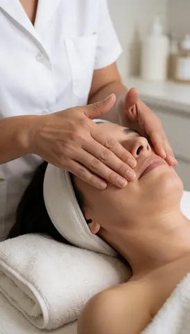 Therapist performing a gentle facial massage on a relaxed client in a modern spa with white towels and a calm atmosphere.