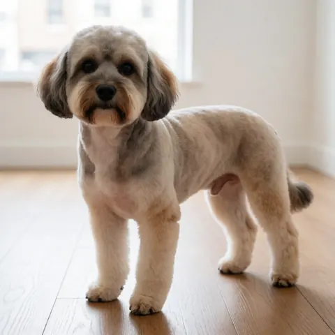 Long-haired dog with professional haircut on wooden floor with natural light in a clean minimalist setting ideal for dog grooming services
