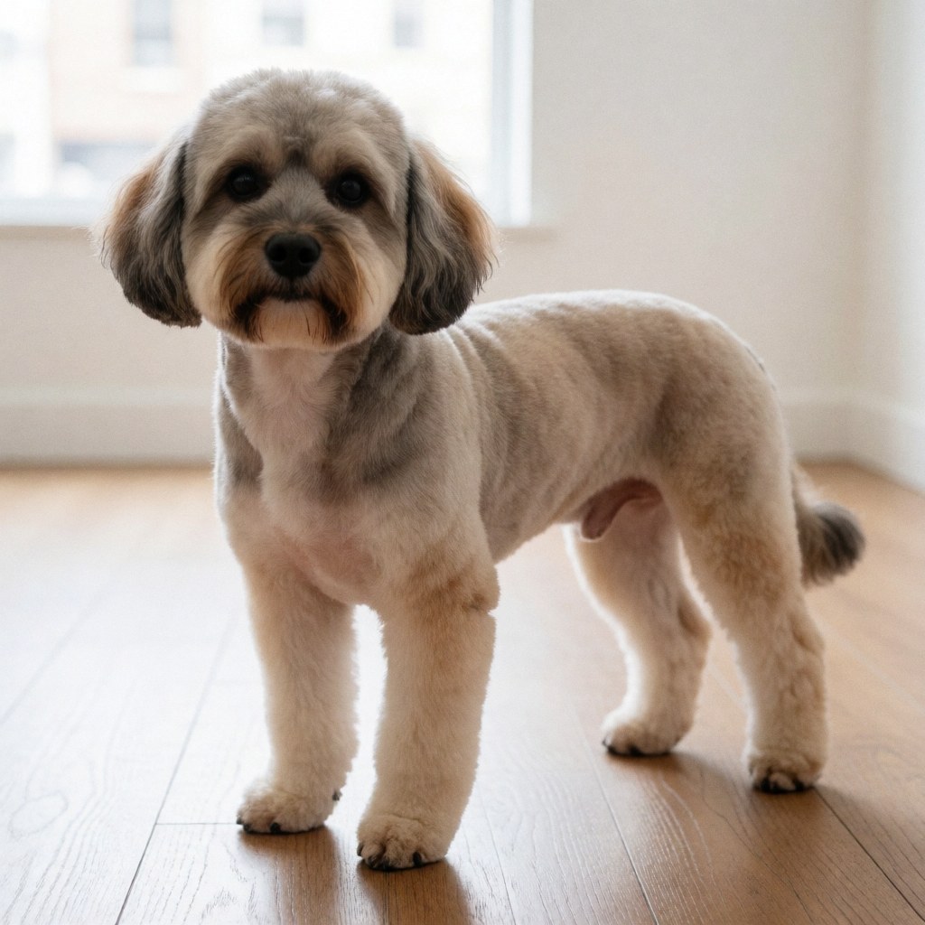 Long-haired dog with professional haircut on wooden floor with natural light in a clean minimalist setting ideal for dog grooming services