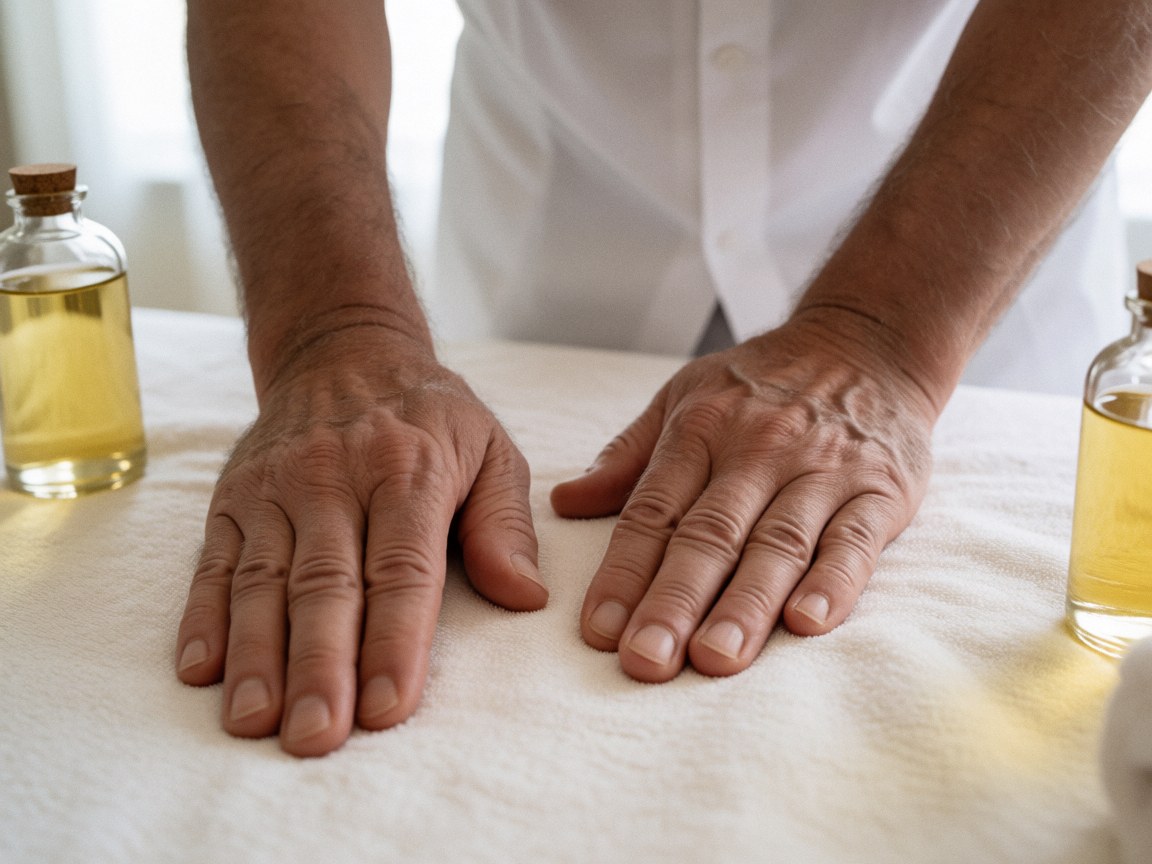 Therapist hands arranging bottles of organic oil on a massage table covered with white linen in a calm spa setting