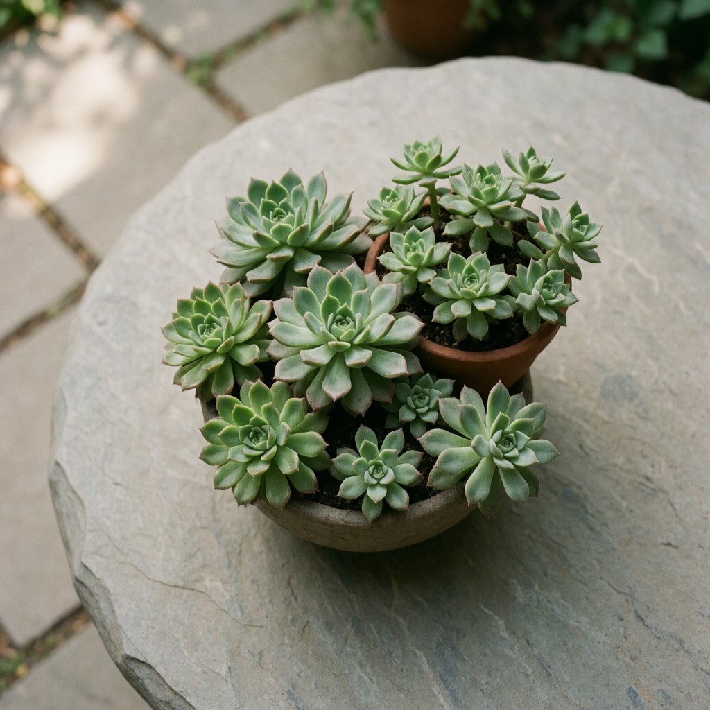 A potted succulent arrangement placed on a stone table, ideal for landscaping and gardening, with natural light and a garden background.
