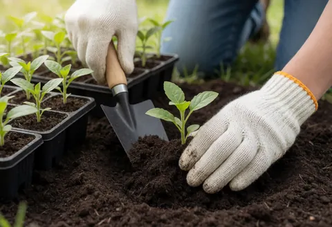 Gloved hands planting a small plant in dark soil with a shovel and seedling pots visible under soft natural light