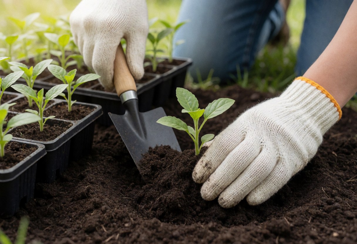 Gloved hands planting a small plant in dark soil with a shovel and seedling pots visible under soft natural light