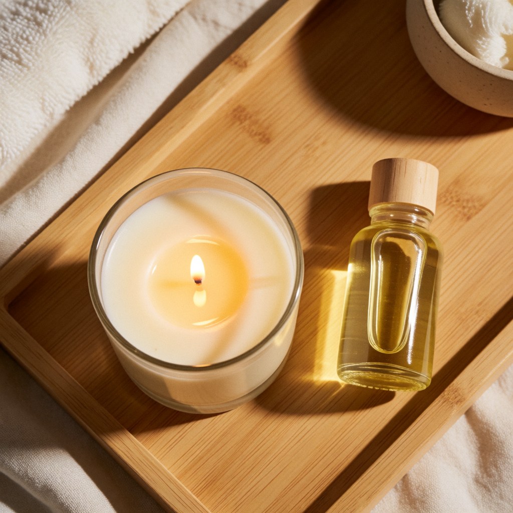 A lit candle and bottle of massage oil resting on a bamboo tray with warm lighting for a relaxing spa atmosphere