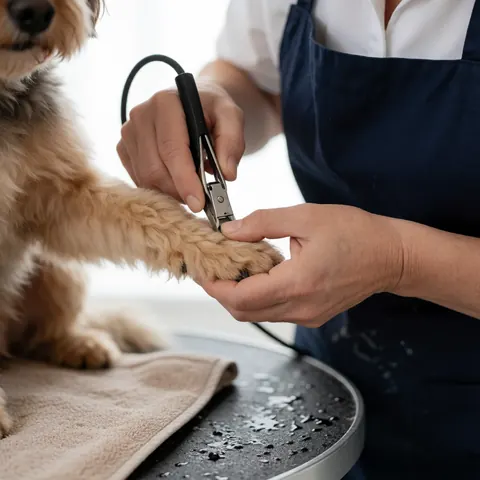 Detailed view of a dog's paw being groomed with clippers on a white table