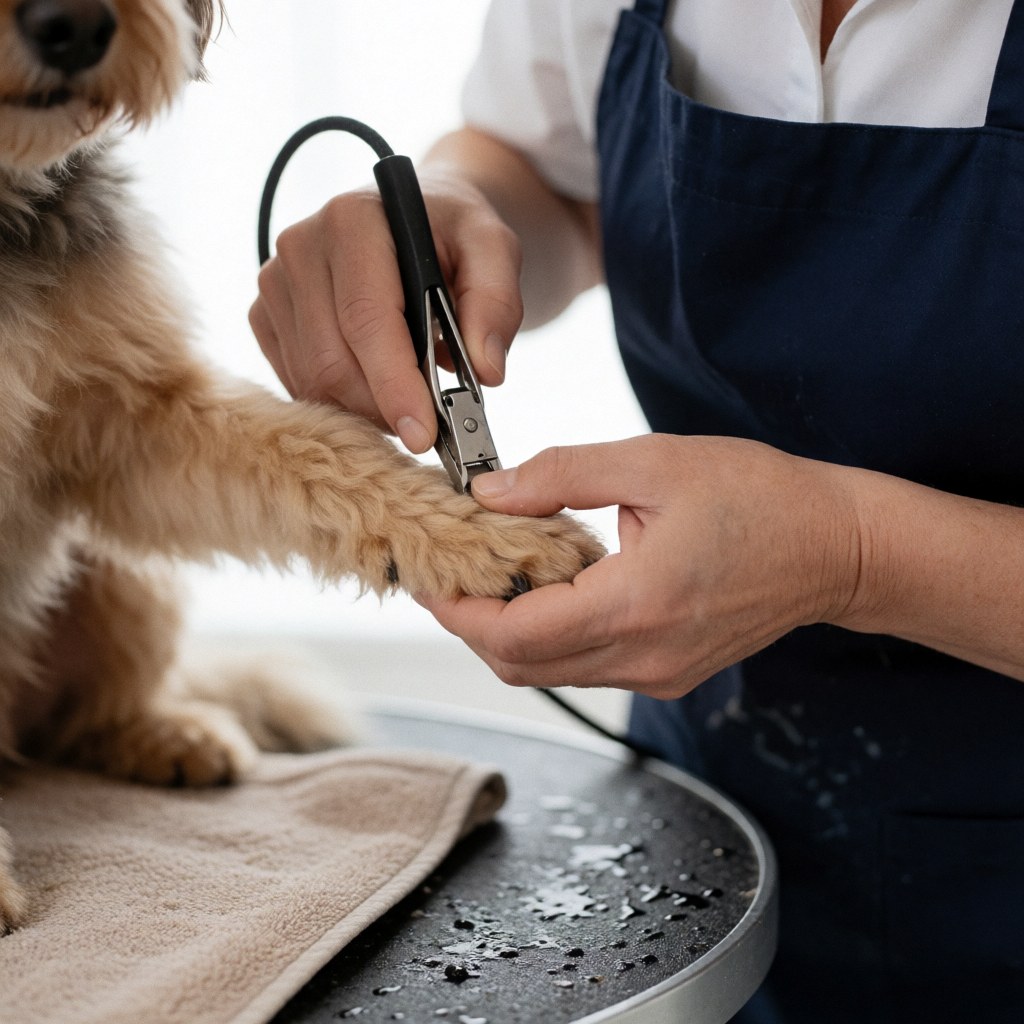 Detailed view of a dog's paw being groomed with clippers on a white table