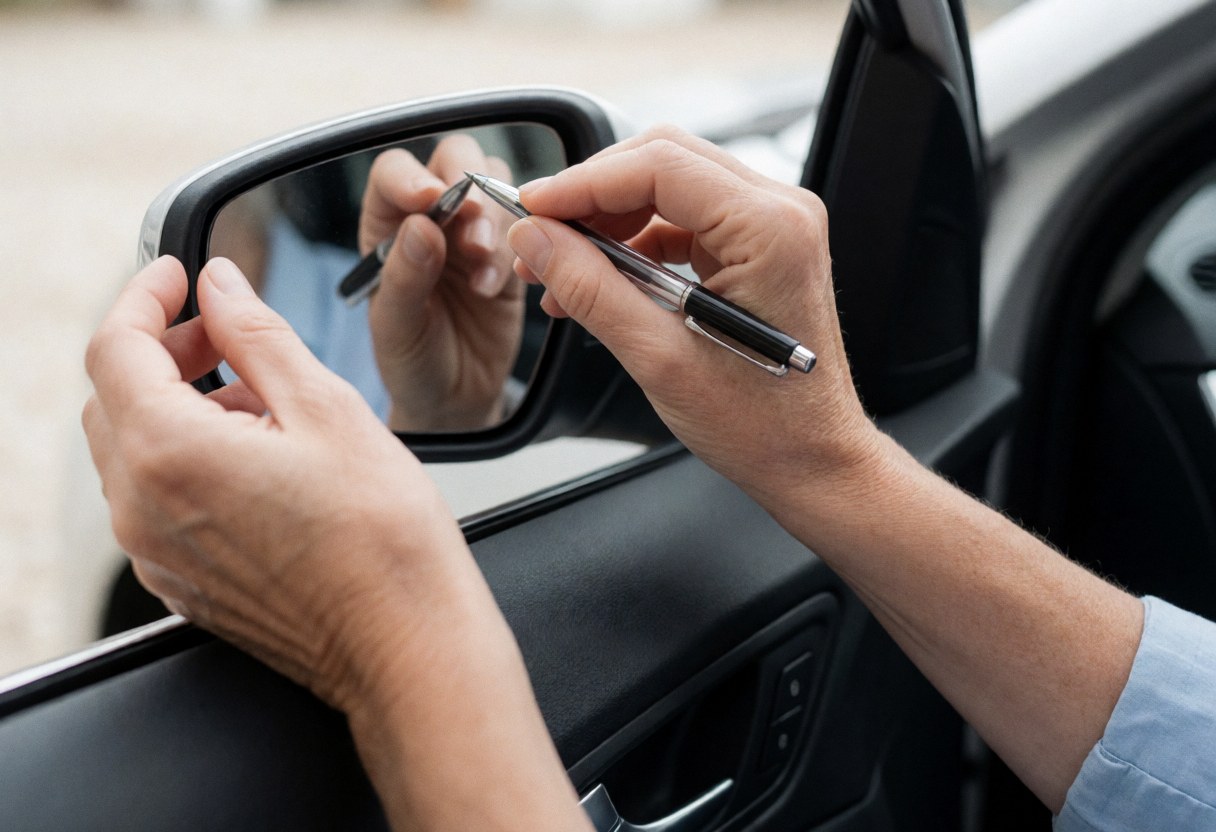 Close-up of a hand using a pen to adjust the side mirror of a car interior, showing preparation for a driving lesson.