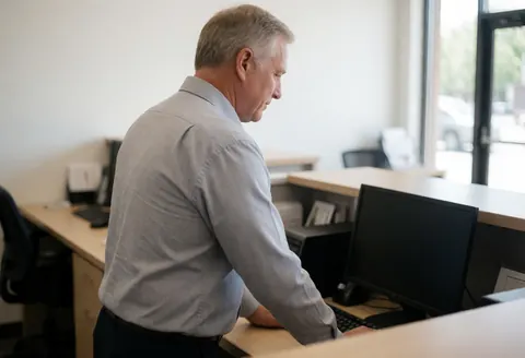 A businessman works on his computer in a modern office with natural light, creating a professional atmosphere with only one person visible.