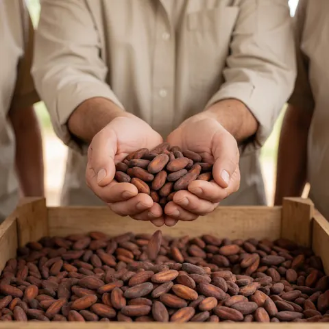 Close-up view of selected raw cacao beans resting in a rustic wooden box, highlighting the natural texture and organic quality of the harvest for chocolate production.