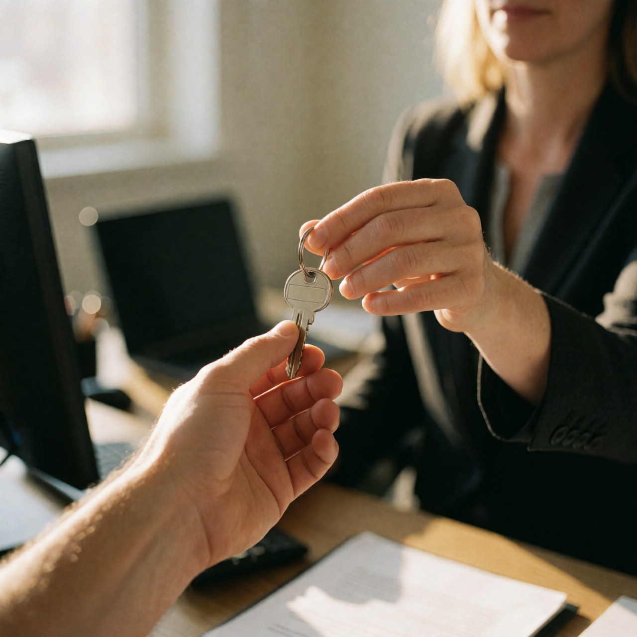 A hand handing over a key to a client in a bright modern office with a computer and documents on the desk.