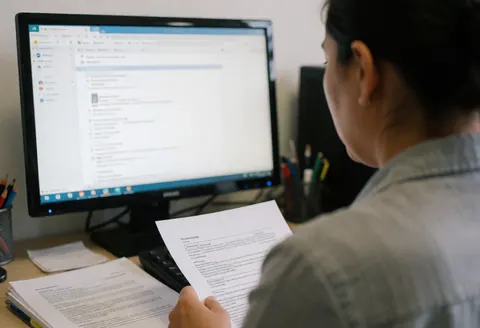 A professional woman reviews documents while working on a computer at her office desk, illustrating insurance services.