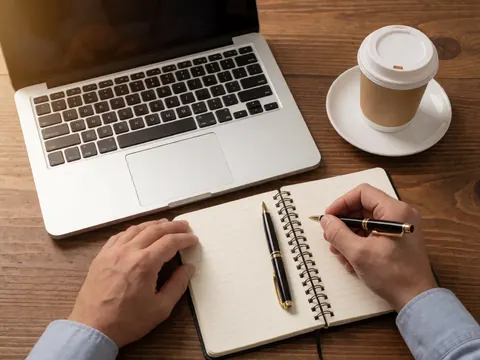 Close-up of hands writing in a notebook on a wooden desk next to a laptop and coffee cup, ideal for online course materials